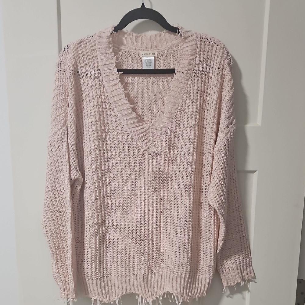 Main Strip Pink V-Neck Sweater with Chunky Knit